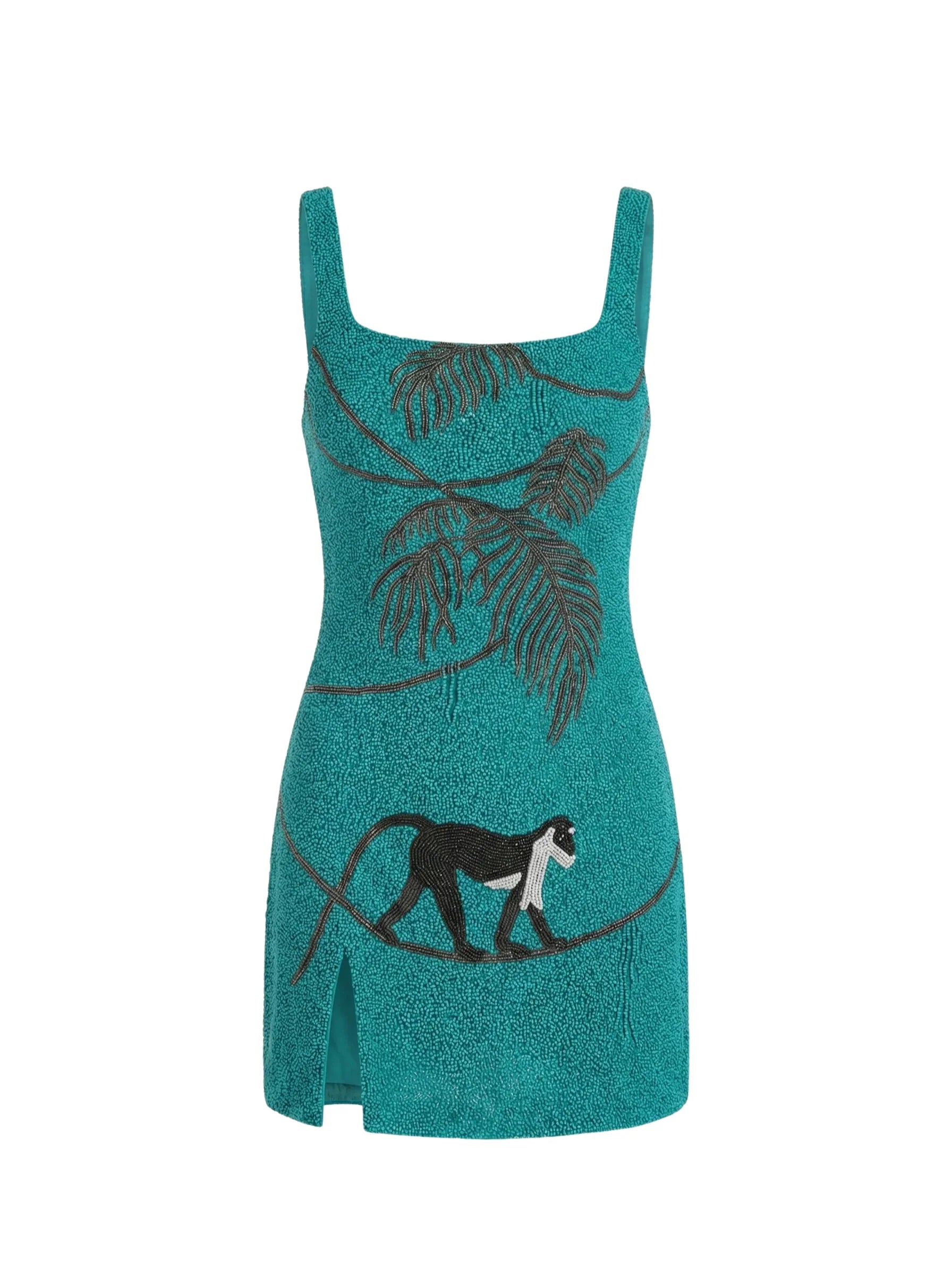 Hand-Beaded Crystal Dress - Teal