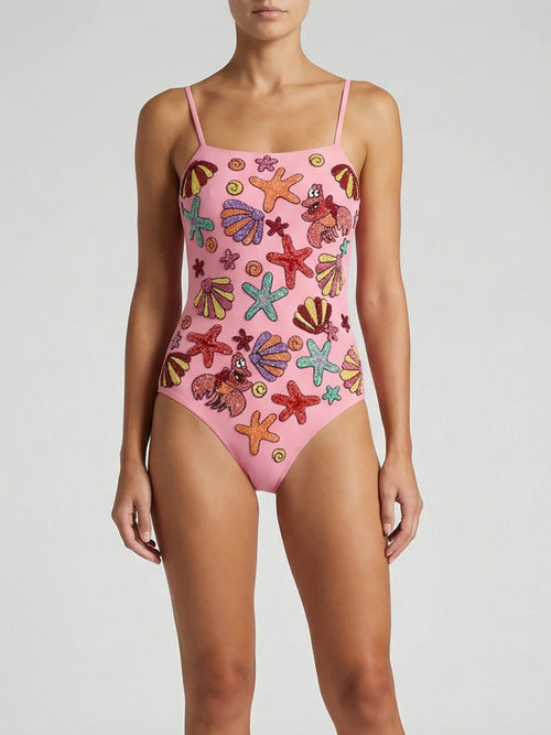 Beaded Shell Swimsuit in Pink