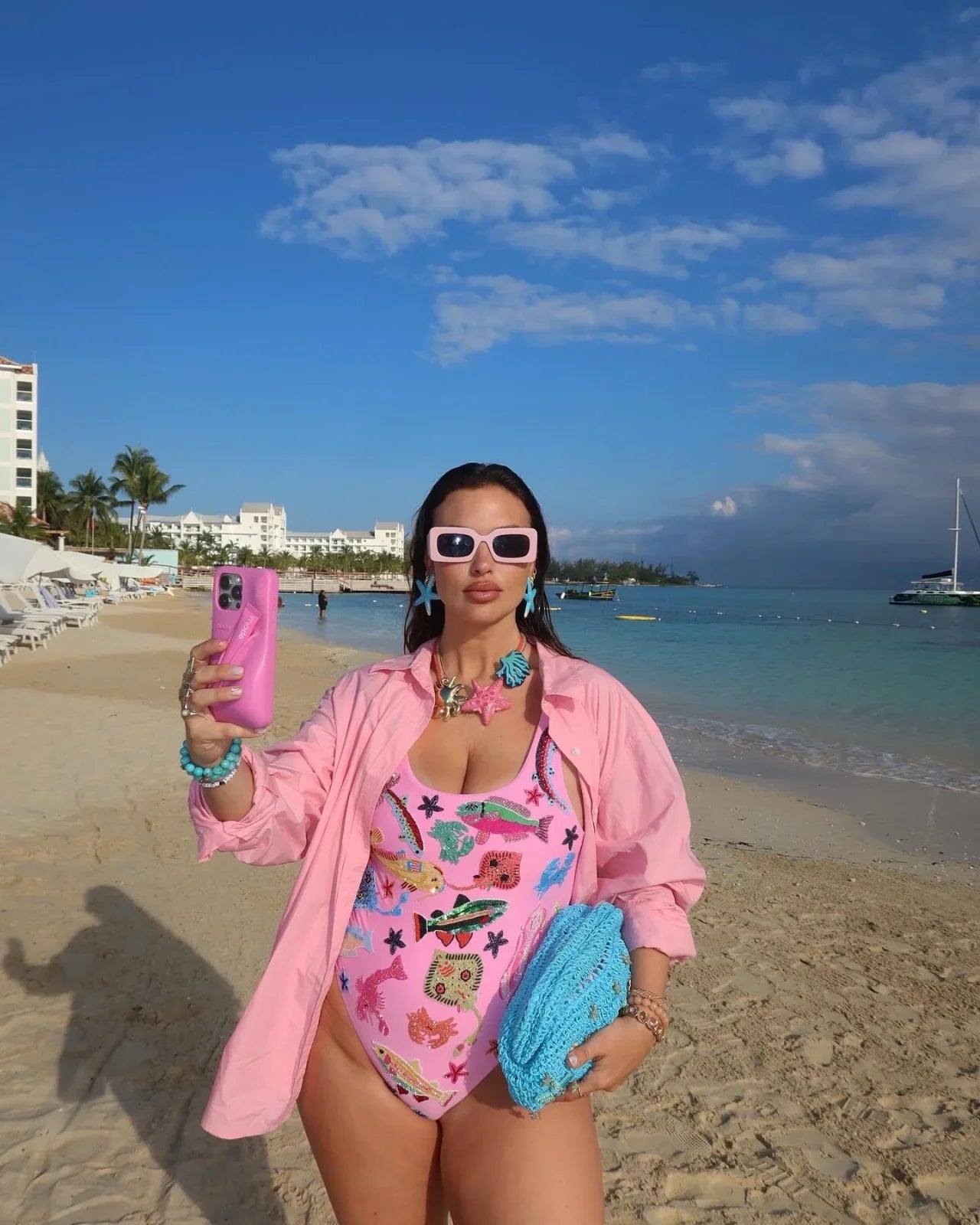 Pink Beaded One Piece Swimsuit
