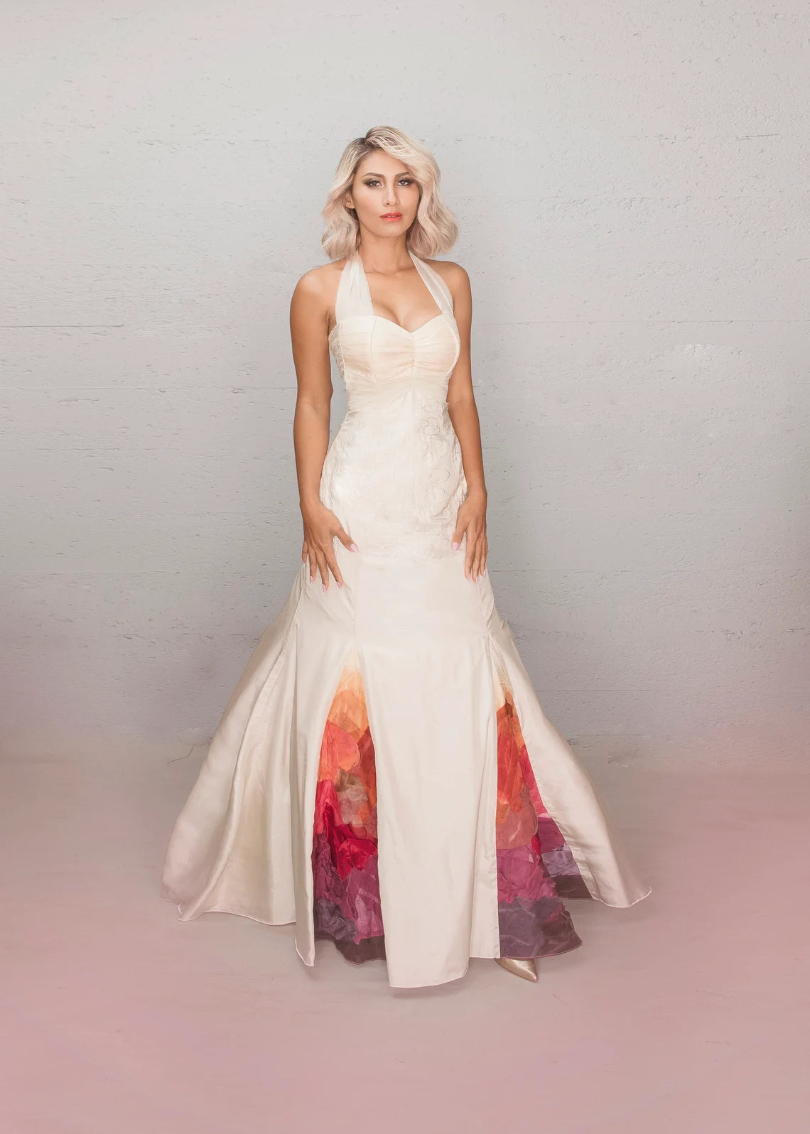 Beach Wedding Dress, Rainbow Wedding Dress, Silk Bridal Gown, Embroidery, Halter Wedding Dress, Satin, Handdyed, Ombre Wedding Dress, Sunset