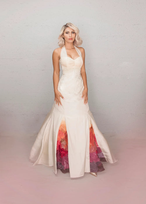 Beach Wedding Dress, Rainbow Wedding Dress, Silk Bridal Gown, Embroidery, Halter Wedding Dress, Satin, Handdyed, Ombre Wedding Dress, Sunset
