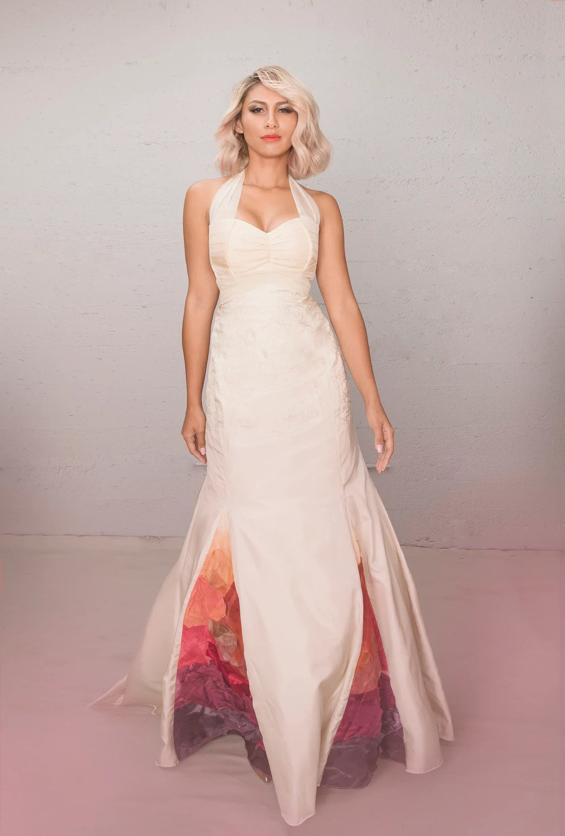 Beach Wedding Dress, Rainbow Wedding Dress, Silk Bridal Gown, Embroidery, Halter Wedding Dress, Satin, Handdyed, Ombre Wedding Dress, Sunset