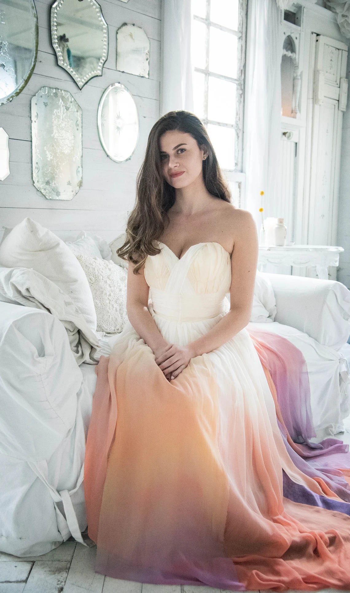 Ombre Wedding Dress, Rainbow Wedding Dress, Silk Wedding Dress, Boho Wedding Dress, Wedding Gown, Beach Wedding Dress, Chiffon Wedding Dress