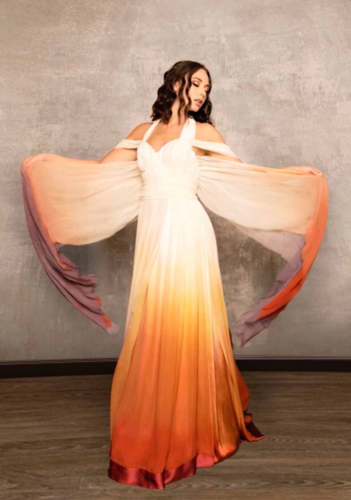 Sunset Ombre Wedding Dress, Chiffon Wedding Dress, Silk Wedding Dress, Colorful Wedding Dress, Flowy Wedding Dress, Beach Wedding Dress