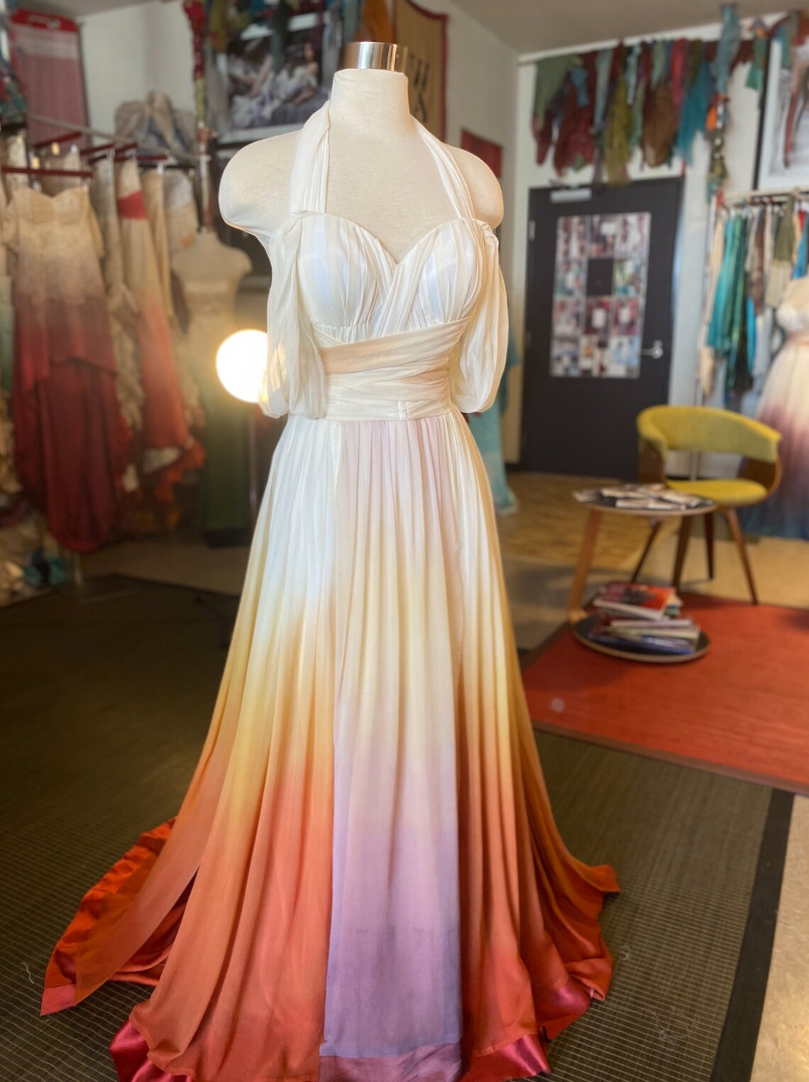 Sunset Ombre Wedding Dress, Chiffon Wedding Dress, Silk Wedding Dress, Colorful Wedding Dress, Flowy Wedding Dress, Beach Wedding Dress